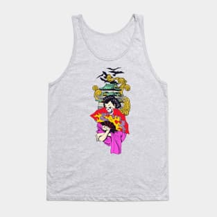 Geisha With Fan Over Pagoda Tank Top